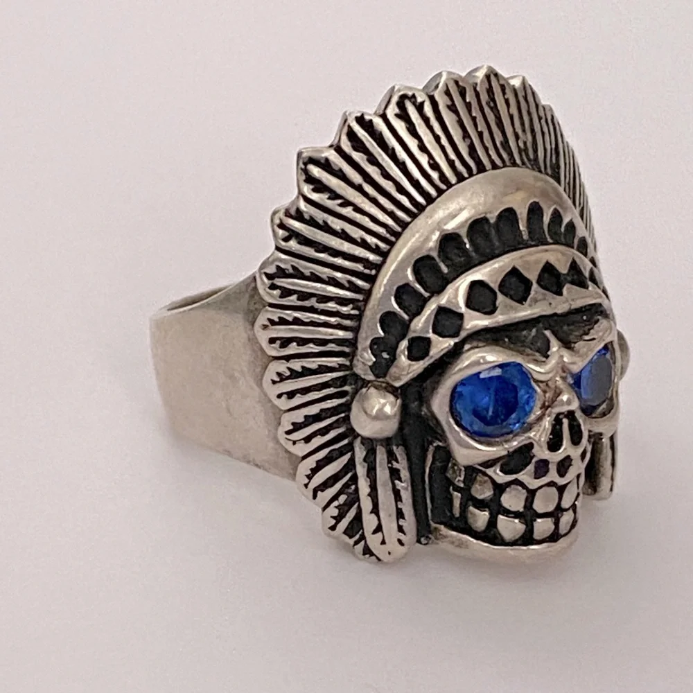 💀 925 silver biker chief skull ring sapphire blue cubic zirconia cz stones eyes